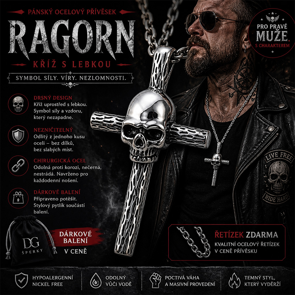 Pánský ocelový přívěsek Ragorn – kříž s lebkou (3)